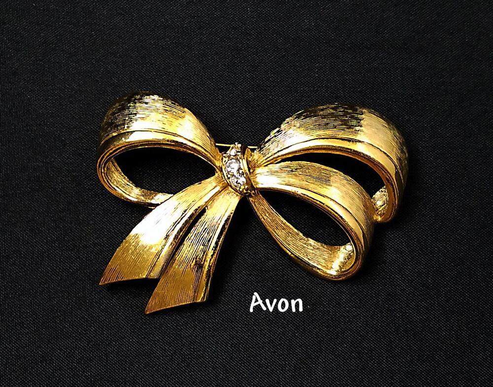Avon Bow Brooch, Gold Plated, Clear Rhinestones, 1960s Jewelry